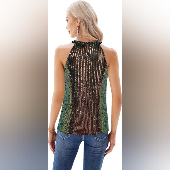 GRACE KARIN Black/Multi Sequin HalterTop Sleeveless Sparkly Shiny Tank Ruched, M - Picture 3 of 3